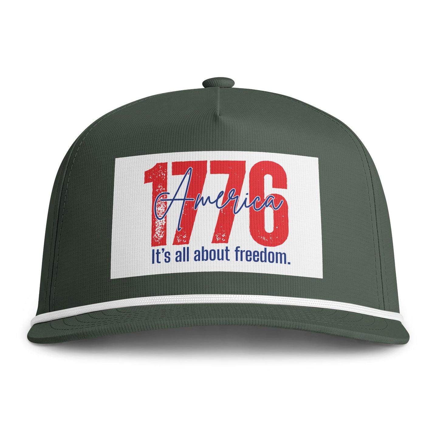 1776 America Rope Cap — "It's all about freedom." Patriotic Trucker Hat