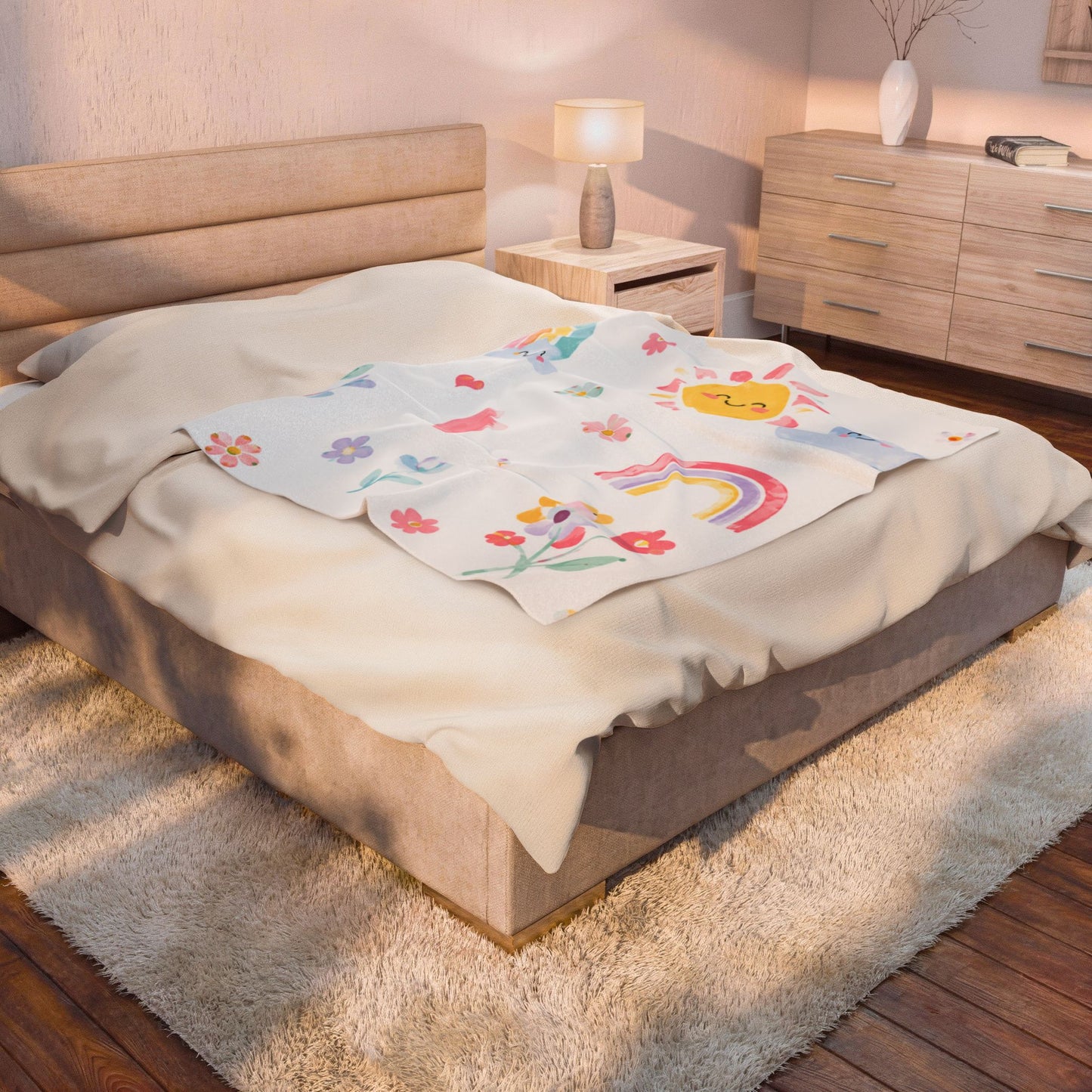 Cute Sunshine & Rainbow Velveteen Plush Blanket – Kids’ Floral Cozy Throw