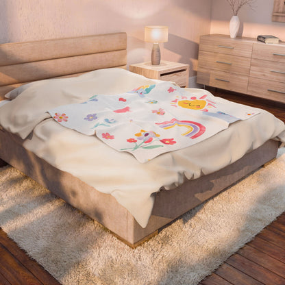 Cute Sunshine & Rainbow Velveteen Plush Blanket – Kids’ Floral Cozy Throw