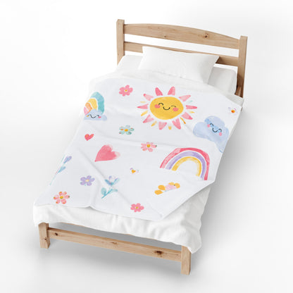 Cute Sunshine & Rainbow Velveteen Plush Blanket – Kids’ Floral Cozy Throw