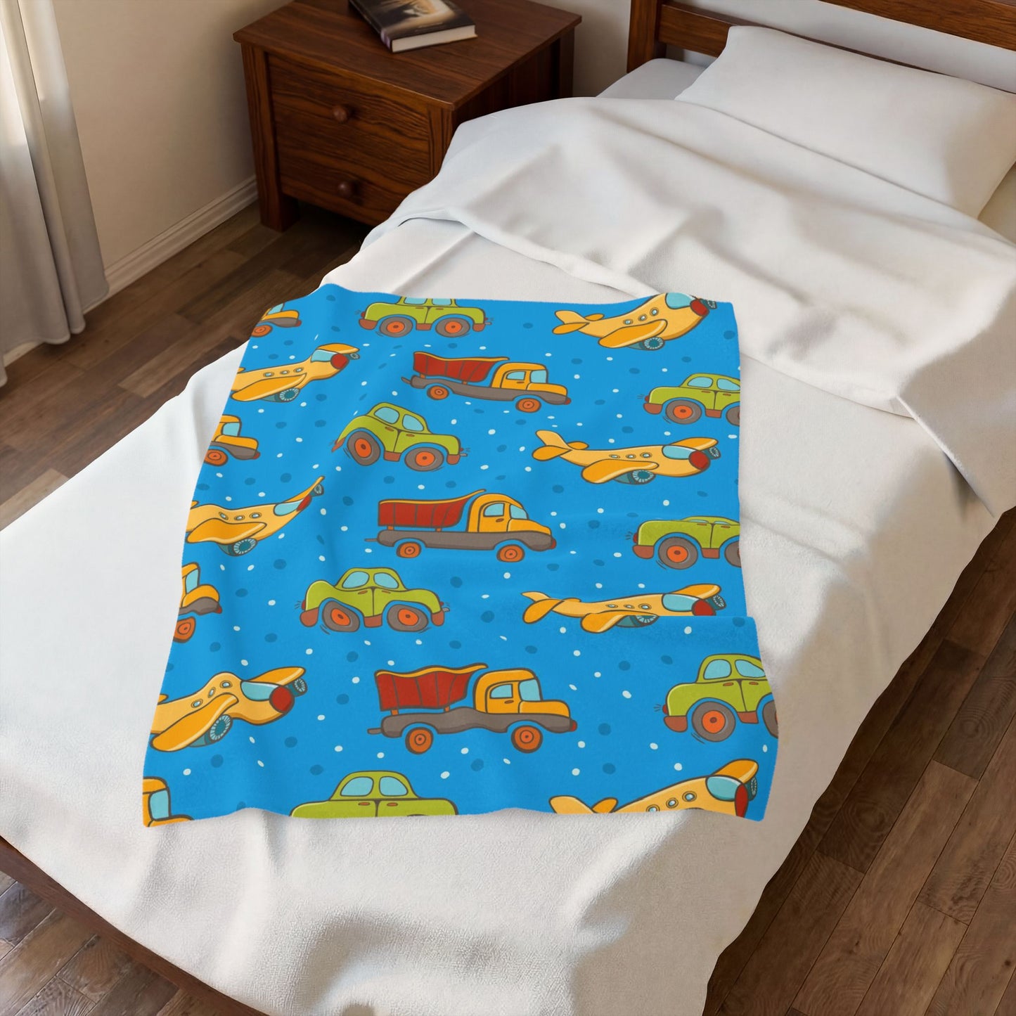 Kids Velveteen Plush Blanket – Cute Trucks & Airplanes Pattern, Soft Blue Toddler Throw