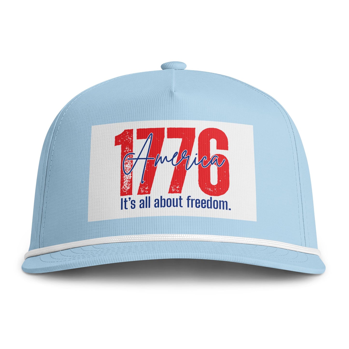 1776 America Rope Cap — "It's all about freedom." Patriotic Trucker Hat