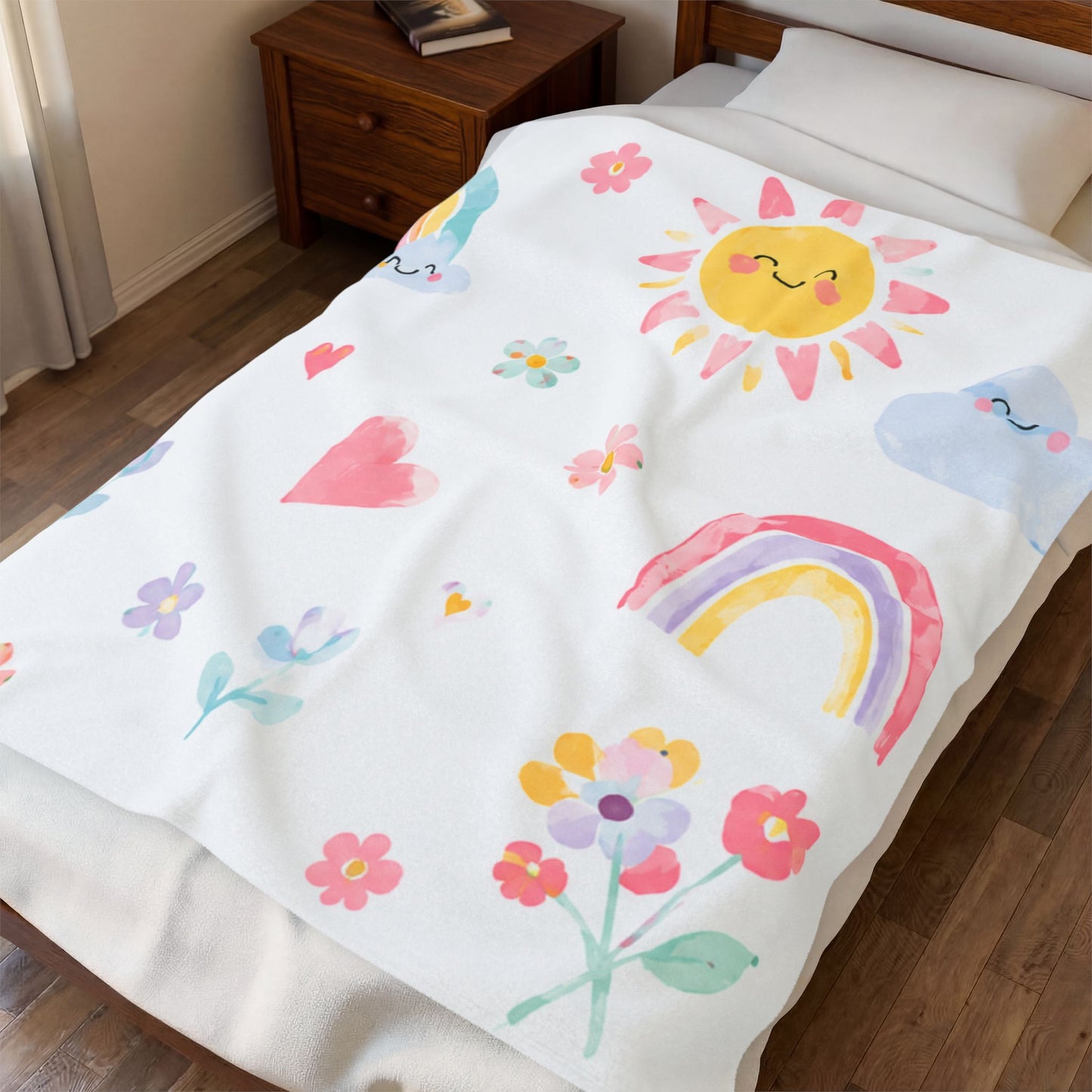 Cute Sunshine & Rainbow Velveteen Plush Blanket – Kids’ Floral Cozy Throw