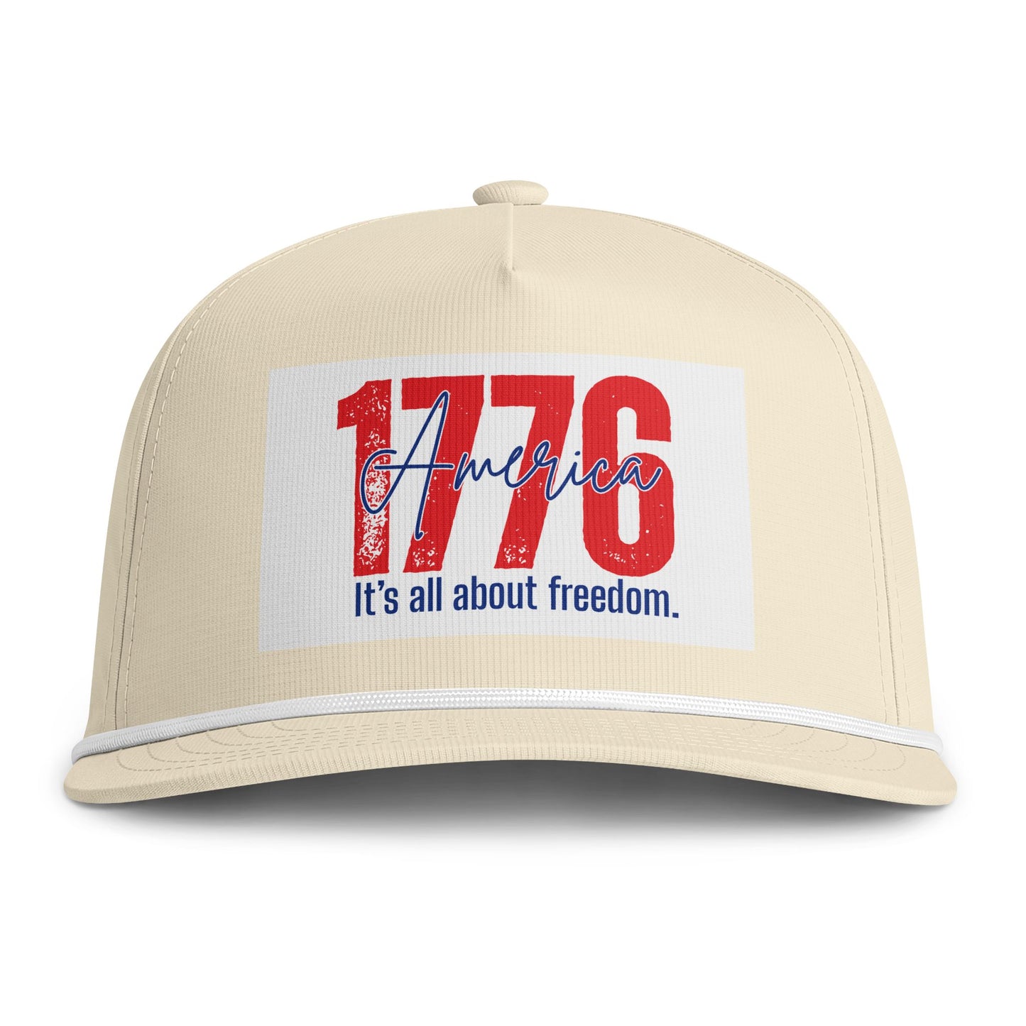 1776 America Rope Cap — "It's all about freedom." Patriotic Trucker Hat