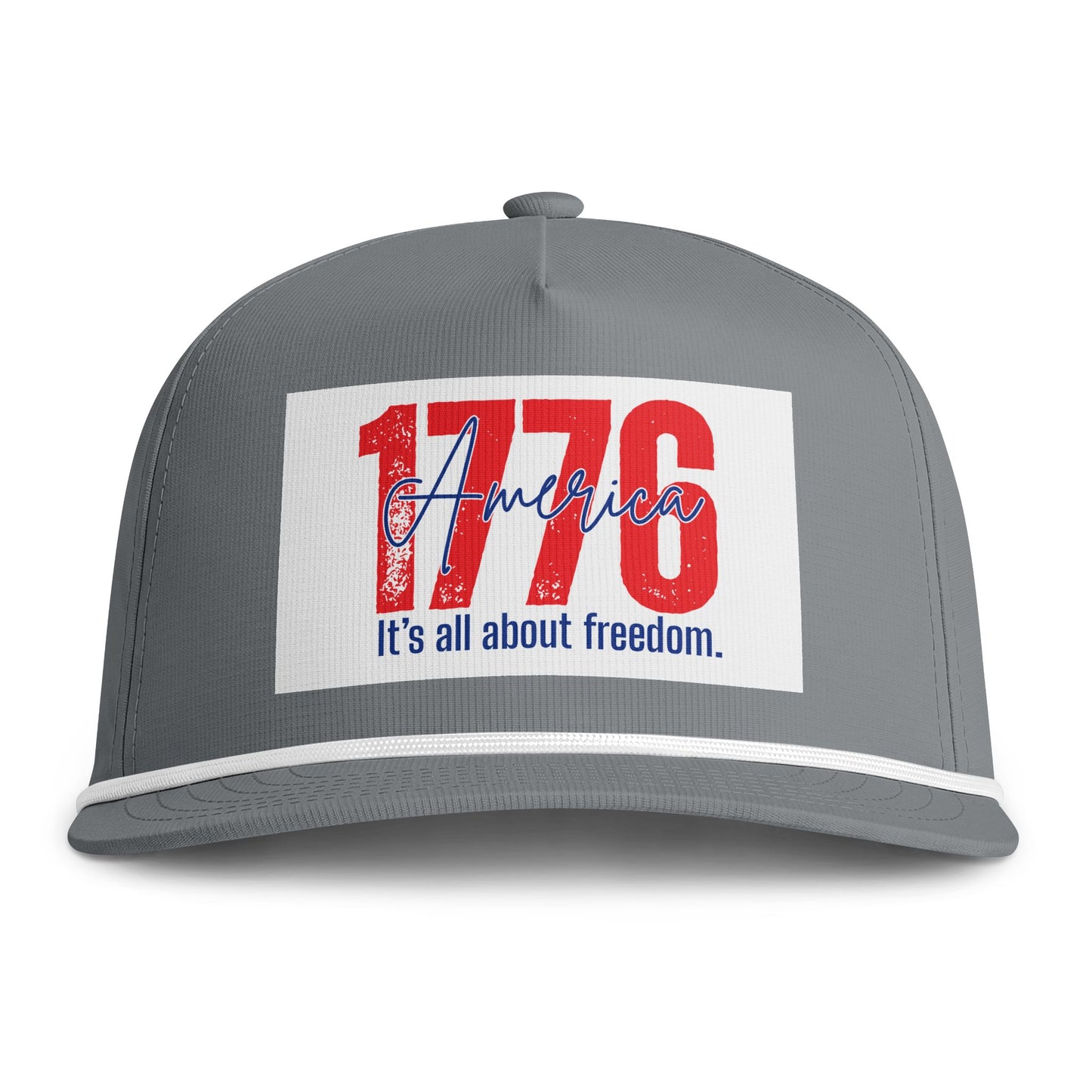 1776 America Rope Cap — "It's all about freedom." Patriotic Trucker Hat
