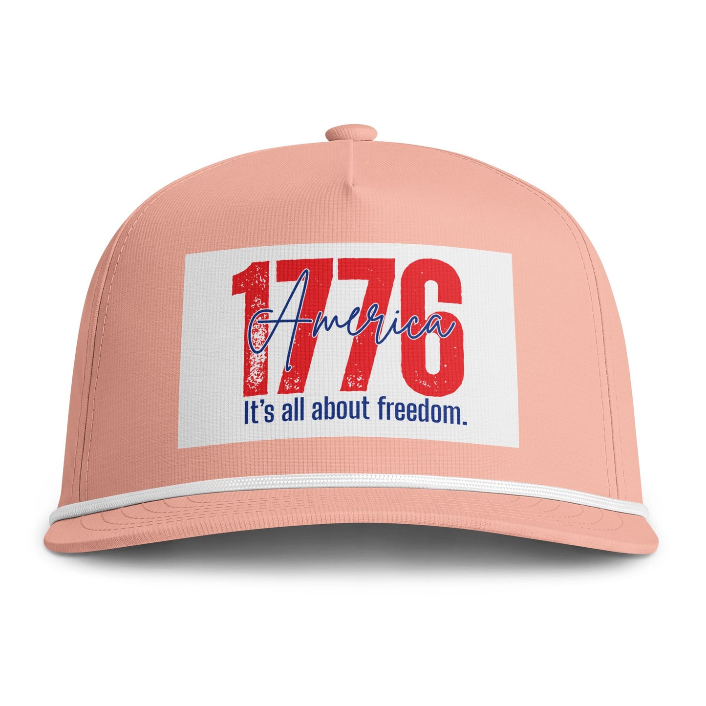 1776 America Rope Cap — "It's all about freedom." Patriotic Trucker Hat