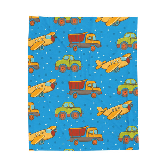 Kids Velveteen Plush Blanket – Cute Trucks & Airplanes Pattern, Soft Blue Toddler Throw