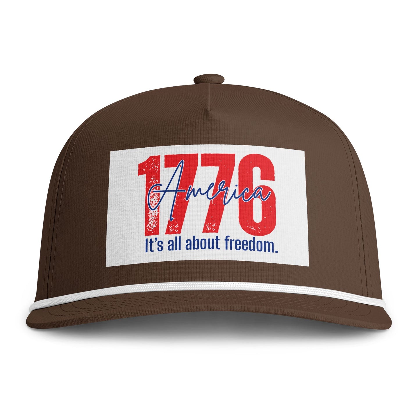 1776 America Rope Cap — "It's all about freedom." Patriotic Trucker Hat