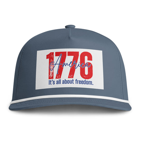 1776 America Rope Cap — "It's all about freedom." Patriotic Trucker Hat