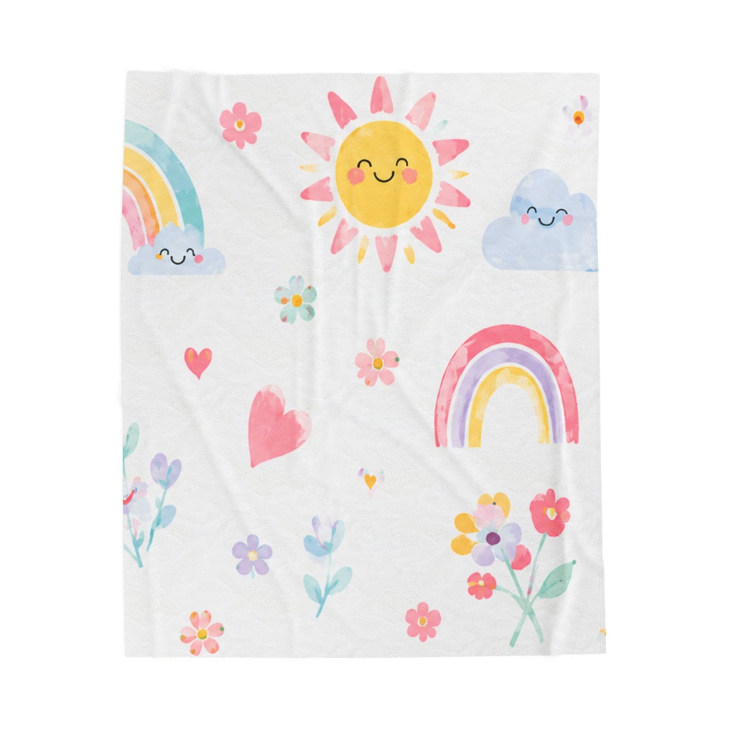 Cute Sunshine & Rainbow Velveteen Plush Blanket – Kids’ Floral Cozy Throw