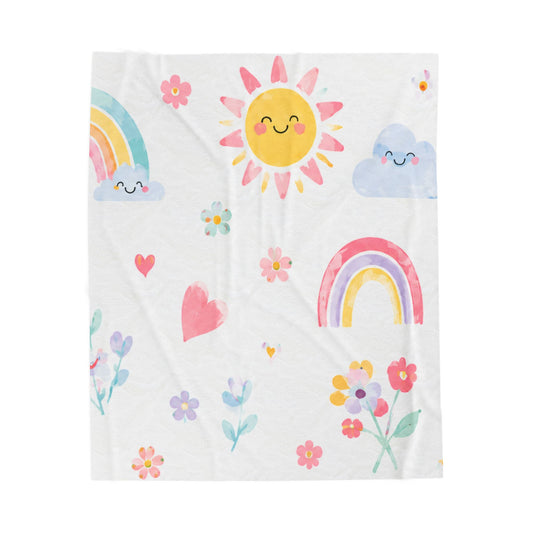 Cute Sunshine & Rainbow Velveteen Plush Blanket – Kids’ Floral Cozy Throw