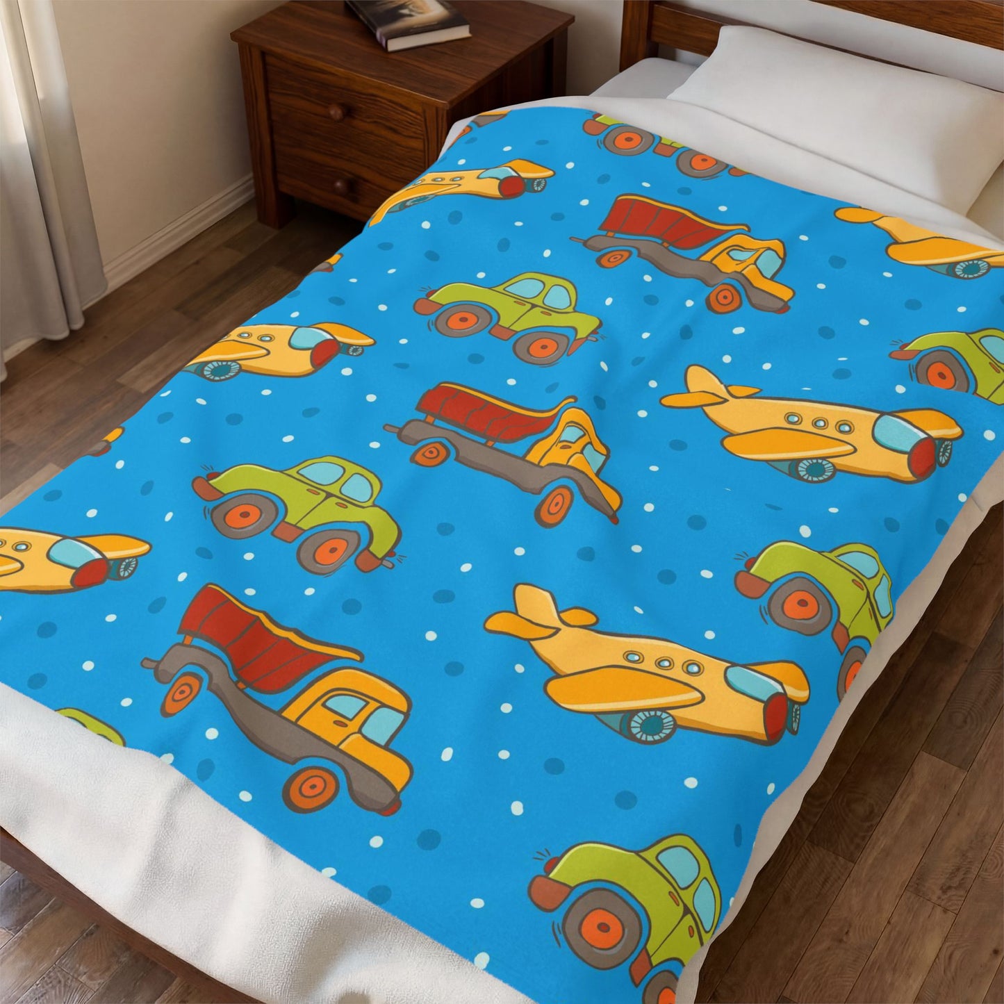 Kids Velveteen Plush Blanket – Cute Trucks & Airplanes Pattern, Soft Blue Toddler Throw