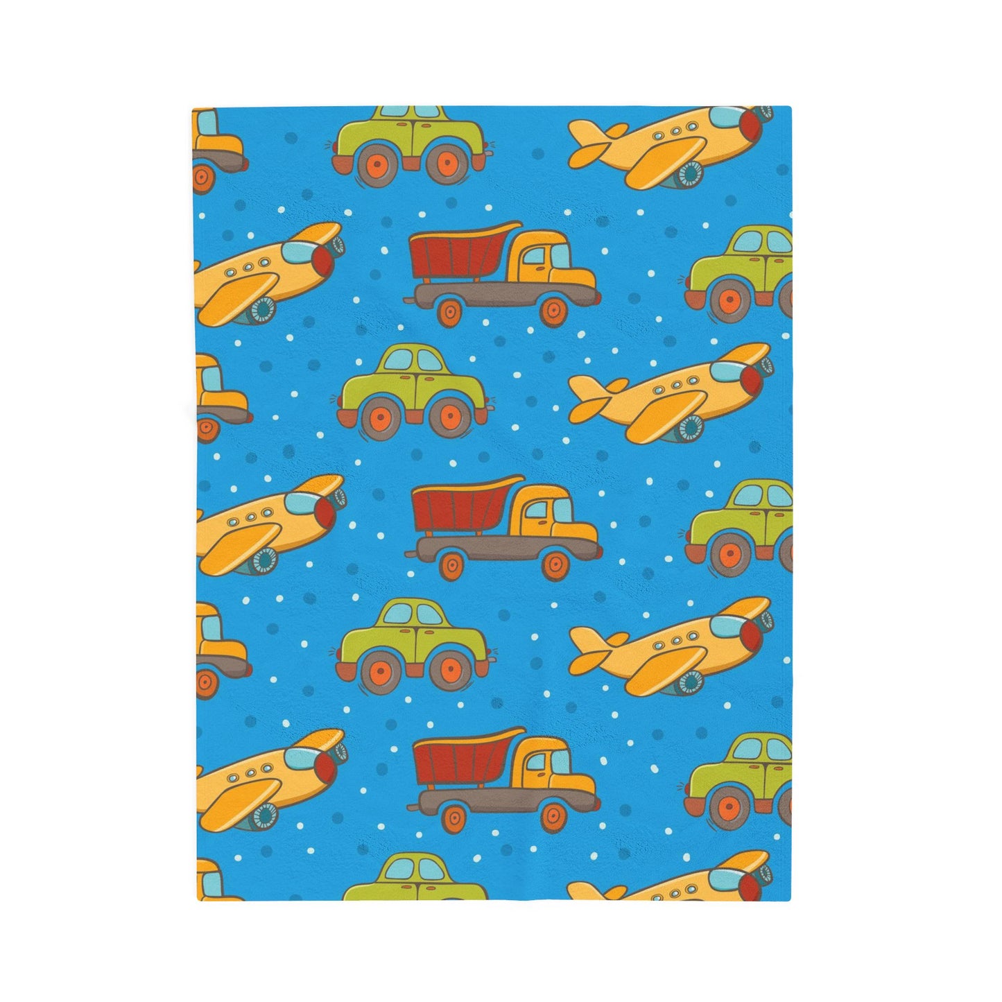 Kids Velveteen Plush Blanket – Cute Trucks & Airplanes Pattern, Soft Blue Toddler Throw