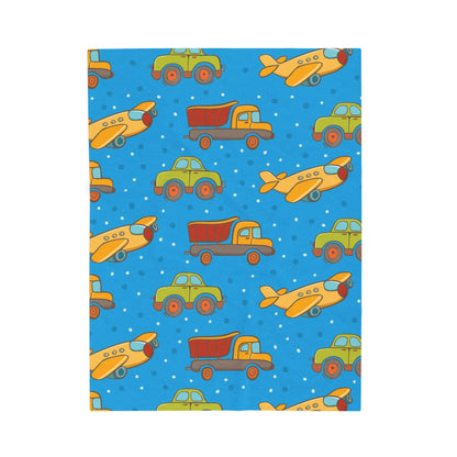 Kids Velveteen Plush Blanket – Cute Trucks & Airplanes Pattern, Soft Blue Toddler Throw